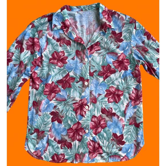 90's vintage earthy tropical print collared button up blouse MEDIUM - Picture 2 of 6